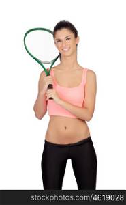Attractive brunette playing tennis isolated on a white background