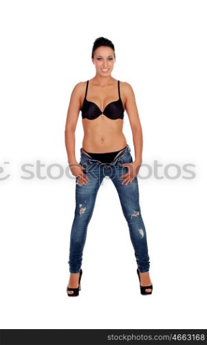 Attractive brunette woman in bra with jeans isolated on white background