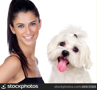 Attractive brunette woman with her little dog isolated on a white background