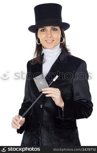 attractive business woman with a magic wand and hat a over white background