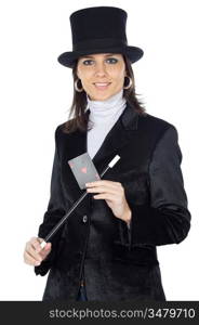 attractive business woman with a magic wand and hat a over white background