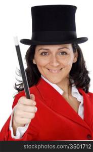 attractive business woman with a magic wand and hat a over white background