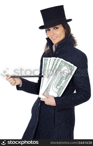 attractive business woman with a magic wand and hat making appear giant dollars (a over white background)