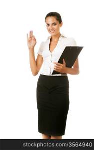 attractive business woman with black folder in hand on white background