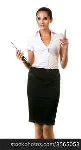 attractive business woman with folder in hand on white background