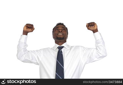 Attractive businessman celebrating a triumph a over white background