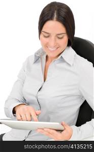 Attractive businesswoman holding touch tablet screen computer typing close-up portrait