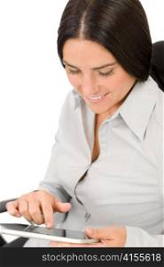 Attractive businesswoman holding touch tablet screen computer typing close-up portrait