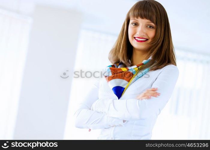 Attractive businesswoman. Image of attractive successful businesswoman in business suit smiling