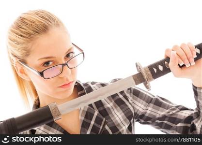 attractive businesswoman in glasses with a katana
