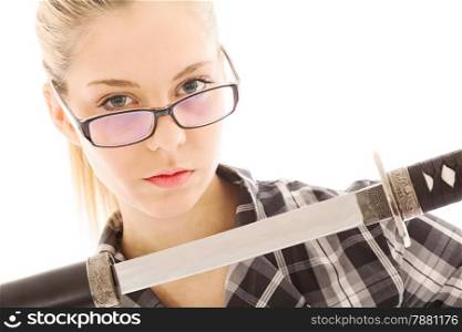 attractive businesswoman in glasses with a katana