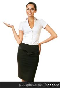 attractive businesswoman in skirt on white background