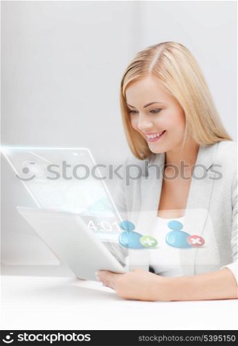 attractive businesswoman looking at tablet pc with contact icons