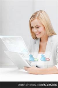 attractive businesswoman looking at tablet pc with contact icons