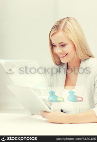 attractive businesswoman looking at tablet pc with contact icons. businesswoman looking at tablet pc