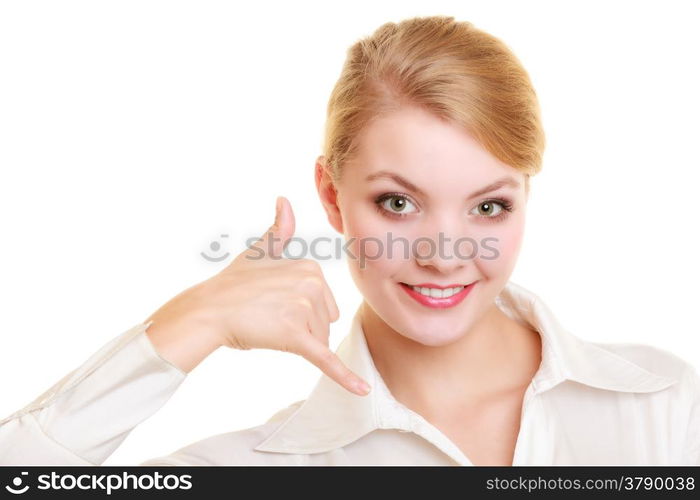 Attractive businesswoman making call me gesture. Blonde girl with phone hand sign. Business communication. Isolated on white.