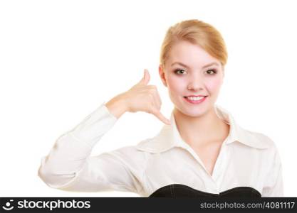 Attractive businesswoman making call me gesture. Blonde girl with phone hand sign. Business communication. Isolated on white.