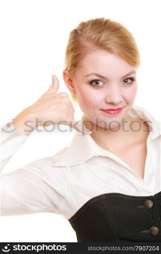 Attractive businesswoman making call me gesture. Blonde girl with phone hand sign. Business communication. Isolated on white.