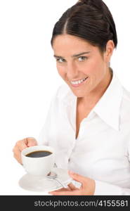 Attractive businesswoman smiling holding coffee cup close-up portrait