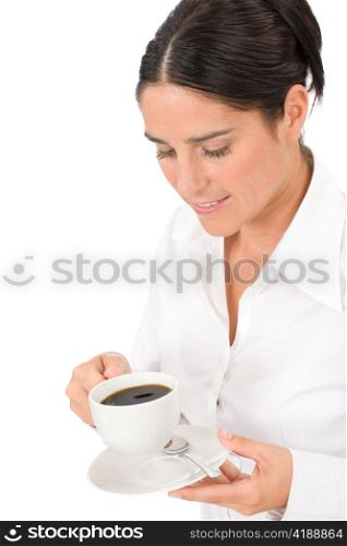 Attractive businesswoman smiling holding coffee cup close-up portrait