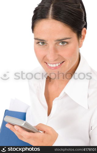 Attractive businesswoman smiling holding phone close-up portrait