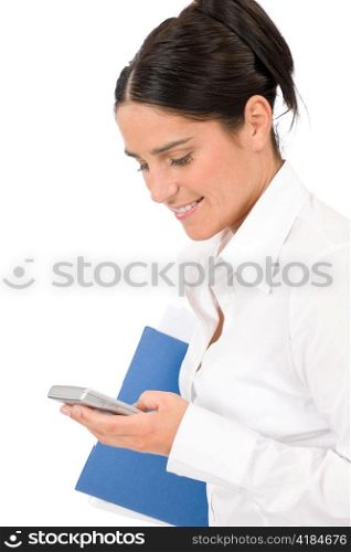 Attractive businesswoman smiling holding phone close-up portrait