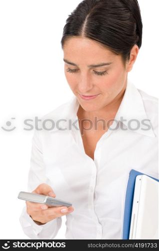 Attractive businesswoman thoughtful holding phone close-up portrait