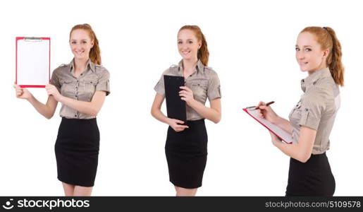 Attractive businesswoman with binder isolated on white