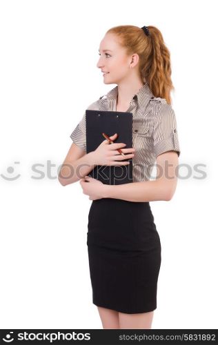 Attractive businesswoman with binder isolated on white