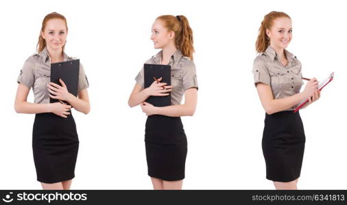 Attractive businesswoman with binder isolated on white