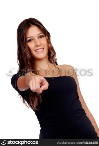 Attractive casual girl in black indicating at camera isolated on white