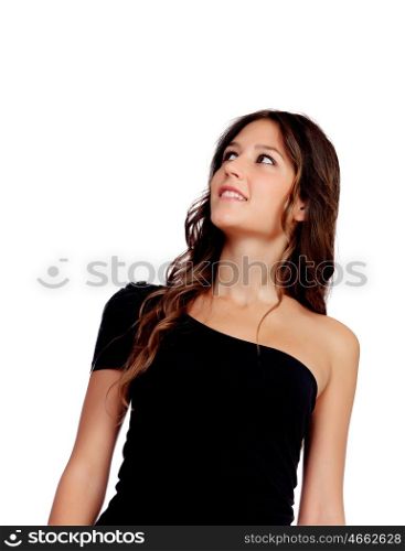 Attractive casual girl in green looking at the side isolated on white