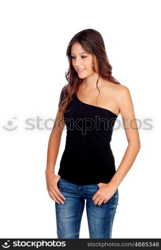 Attractive casual girl in green looking at the side isolated on white