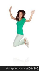 Attractive casual girl jumping isolated on a white background