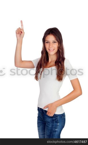 Attractive casual girl pointing up something isolated on white