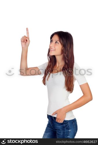 Attractive casual girl pointing up something isolated on white