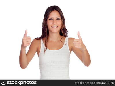 Attractive casual girl saying Ok isolated on a white background