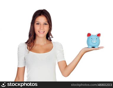 Attractive casual girl with a blue moneybox isolated on white