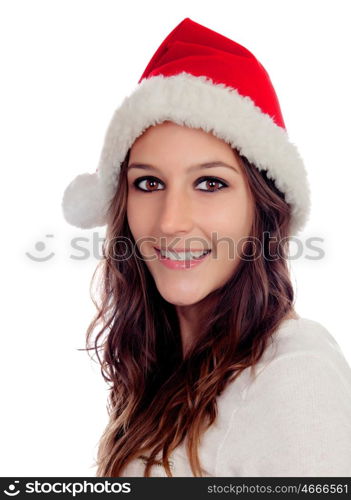 Attractive casual girl with Christmas hat isolated on a white background