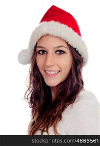 Attractive casual girl with Christmas hat isolated on a white background