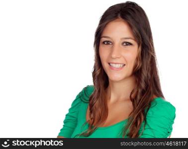 Attractive casual girl with green t-shirt isolated on white