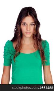Attractive casual girl with green t-shirt isolated on white