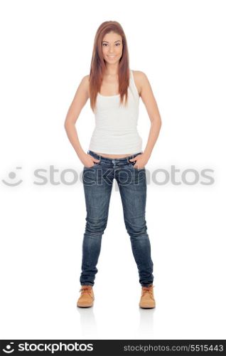 Attractive casual girl with jeans isolated on a white background