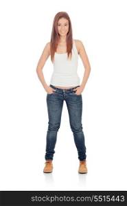 Attractive casual girl with jeans isolated on a white background