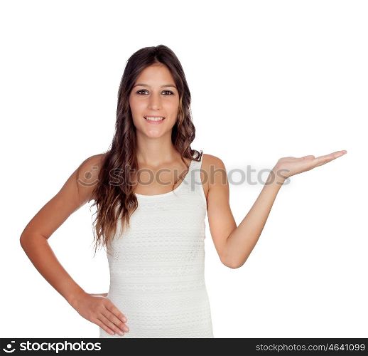 Attractive casual girl with the hand extended isolated on white