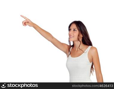 Attractive casual gril pointing something isolated on a white background