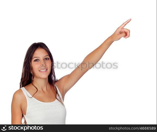 Attractive casual gril pointing something isolated on a white background