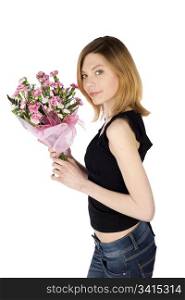 Attractive casual slim young woman holding bouquet of carnation flowers, isolated over white background