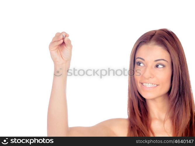 Attractive casual woman writing with a pen isolated on a white background