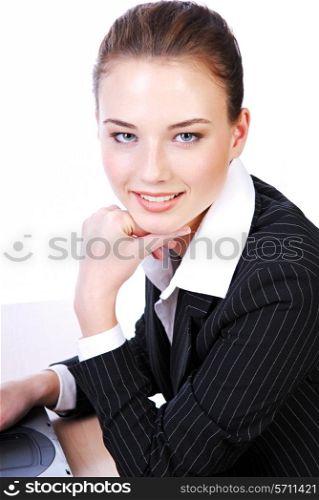 Attractive close-up cheerful face of businesswoman in black suit